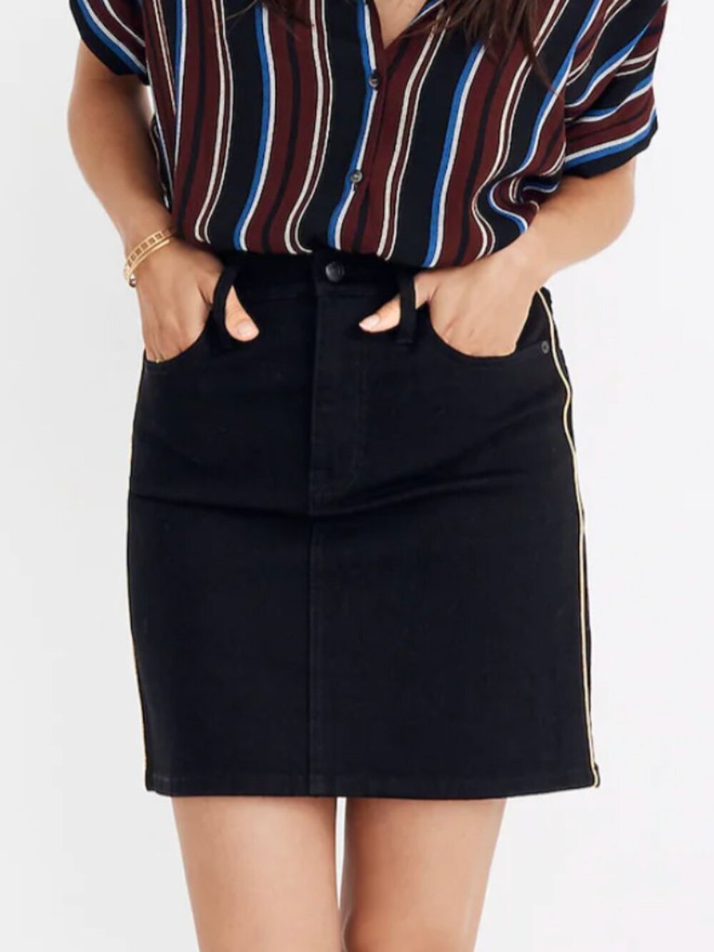 Madewell Denim Mini Skirt Gold Piping High Rise Black Preppy Fall Womens 29